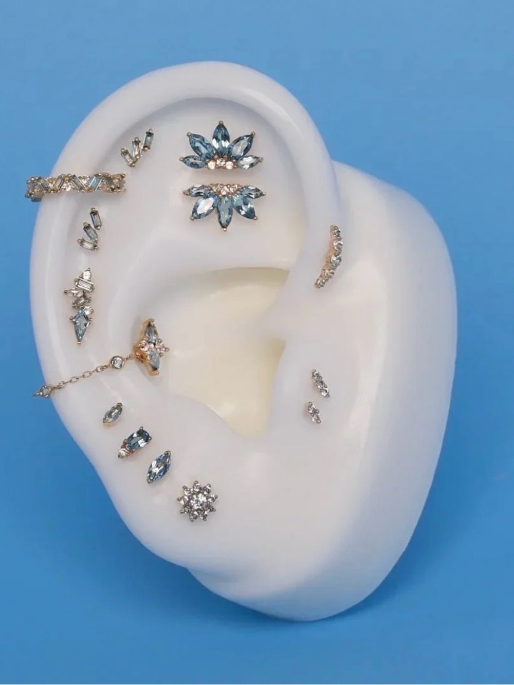 Buddha Jewelry: Mixt London Blue Topaz + CZ 14k gold threadless earring - Picture 2 of 4